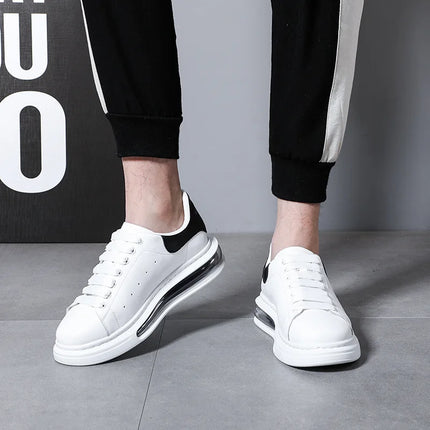 Korean street style men casual original leather shoes black white flats platform shoe comfort air cushion sneakers mans footwear