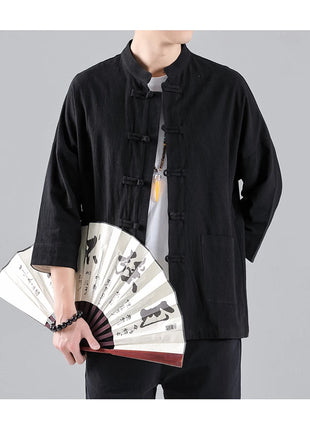 Camicie in Stile Cinese per Uomo, Top Tradizionale Tang in Lino a Mezza Manica, Camicia Kung Fu Hanfu Vintage Casual, Taglie Grandi fino a 5XL