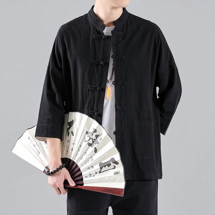 Camicie in Stile Cinese per Uomo, Top Tradizionale Tang in Lino a Mezza Manica, Camicia Kung Fu Hanfu Vintage Casual, Taglie Grandi fino a 5XL