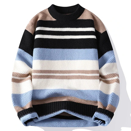 Autumn Winter Warm Casual Pullovers Men Knitted Sweater Fashion Patchwork Striped Loose Hip Hop Knit Streetwear Pull On Sweaters