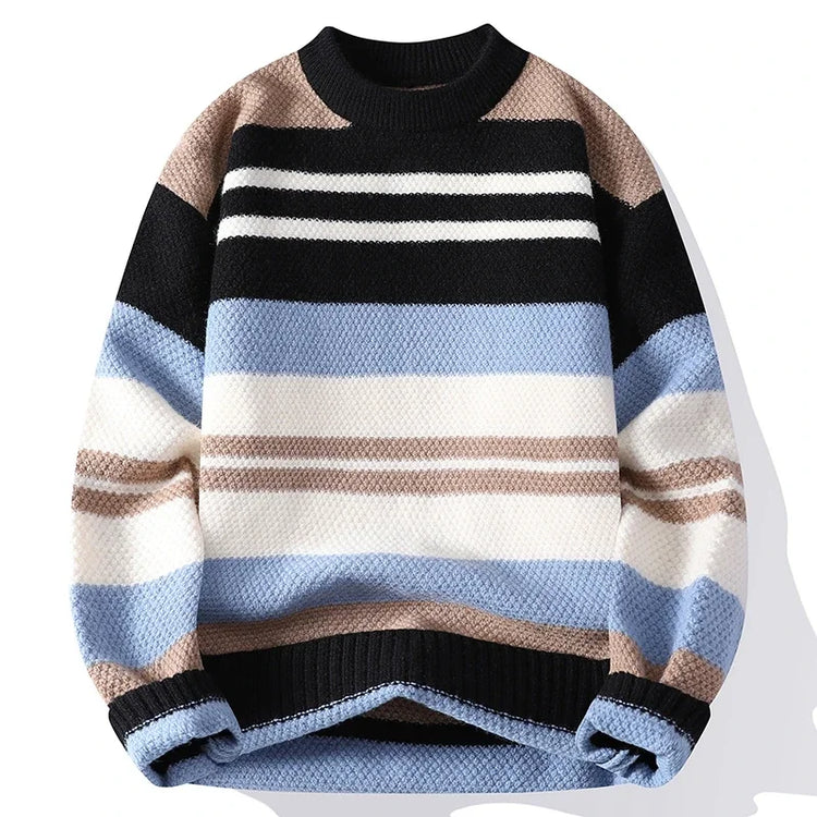Autumn Winter Warm Casual Pullovers Men Knitted Sweater Fashion Patchwork Striped Loose Hip Hop Knit Streetwear Pull On Sweaters