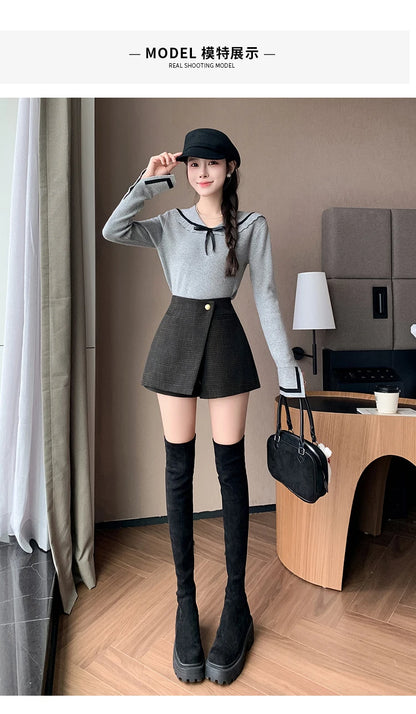 Autumn New Solid Woolen Shorts Skirt For Women 2025 New Fall Winter Small Fragrant Style Buttons Deco High Waisted Tweed Shorts