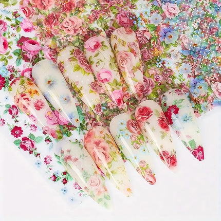 10PCS Mixed Nail Art Foils Transfer Sticker Set Rose Flower Designs Floral Starry Sky Nail Wraps Wedding Summer Manicure Decor