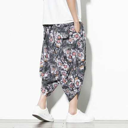 Pantaloncini Estivi Harajuku Larghi Stampati Traspiranti Casual a Lunghezza Polpaccio in Cotone Oversize da Uomo