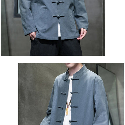 Camicie da uomo stile cinese retrò lino cotone tinta unita vestito Tang top cardigan uomo casual Kung Fu Tai Chi camicette da uomo abbigliamento