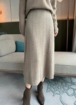 100% Cashmere Skirt Women's Mid-calf Dress Herring Bone High Waist High-end Versatile Knitted Skirt Autumn Winter Office Lady PlatiNum