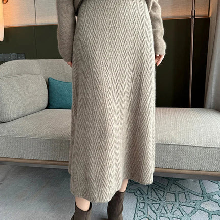 100% Cashmere Skirt Women's Mid-calf Dress Herring Bone High Waist High-end Versatile Knitted Skirt Autumn Winter Office Lady PlatiNum