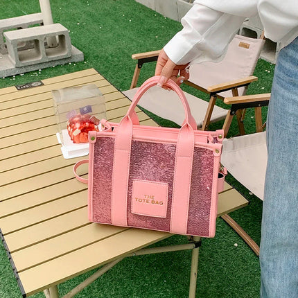 Sequins Top-Handle Bags Fashion PU Leather Shoulder Bag Large Capacity Travel Handbag Women Trendy Casual Satchel Tote Purse PlatiNum