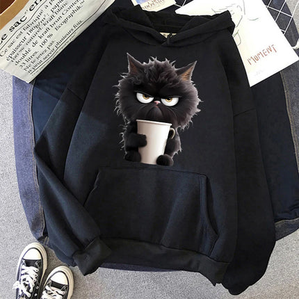Aesthetic Y2k 90s Hoodies Funny Cute Cat Sweatshirt for Women Harajuku Graphic Pullovers 2000s Ulzzang Gothic Streetwear Female