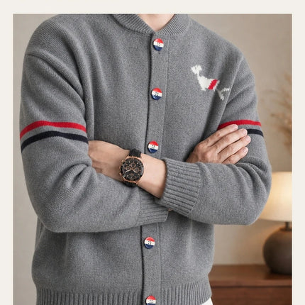 Fashion Men's Knit Cardigan High-End Brand Cartoon Dog Print Design Autumn Winter New Classic Striped Korean Casual Sweater Coat