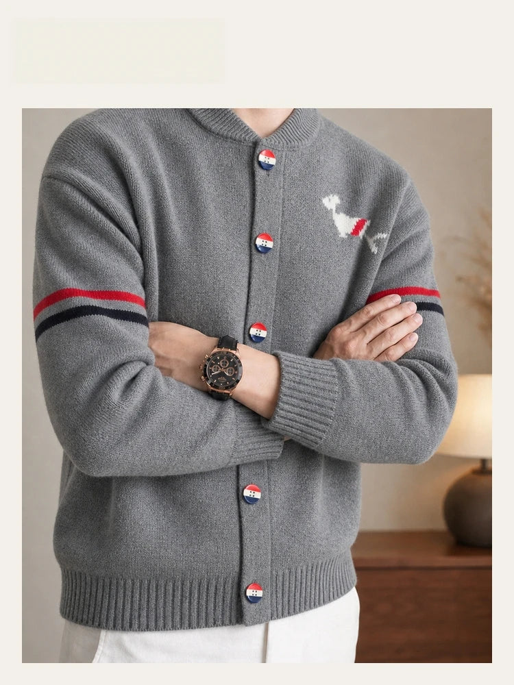 Fashion Men's Knit Cardigan High-End Brand Cartoon Dog Print Design Autumn Winter New Classic Striped Korean Casual Sweater Coat