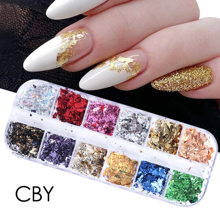 12 Color Gold Foils Gorgeous Nails Glitter Random Aluminum Flakes Paillette Chip Nail Design Shinny Sparkles Nail Art 2027