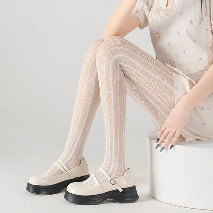 Women's Sexy Lace Fishnet Stockings Lolita Style Hollow Out Design Red Silk Socks JK High Waist Striped Tights Christmas Gifts