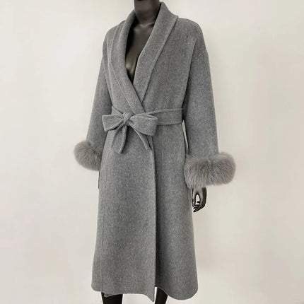 Elegant OL Office Lady Overcoats Fur Patchwork Long Sleeve Woolen Coat Beautiful Women's Clothing Jacket Autumn 2025 Spring