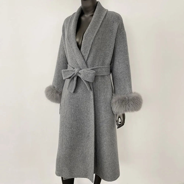 Elegant OL Office Lady Overcoats Fur Patchwork Long Sleeve Woolen Coat Beautiful Women's Clothing Jacket Autumn 2025 Spring