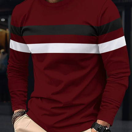 2025 Autumn/Winter Fashion Men's Long Sleeve Round Neck Splicing T-shirt Business Anti Wrinkle Street Wear Casual Top PlatiNum