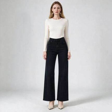 Women's Black Wide Leg Jeans, High Waist, Stretch Denim, Comfortable Loose Fit, Belt and Scarf Details, Modern Casual Style, Fashion Trousers for All Seasons, Sizes Xs-Xl，Fx1338-7