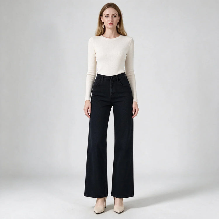 Women's Black Wide Leg Jeans, High Waist, Stretch Denim, Comfortable Loose Fit, Belt and Scarf Details, Modern Casual Style, Fashion Trousers for All Seasons, Sizes Xs-Xl，Fx1338-7