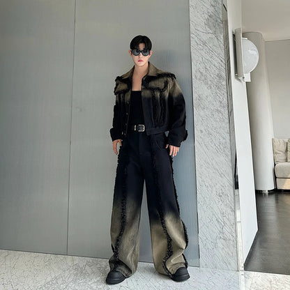 2025 Nuovi uomini Giacca di jeans e jeans Set Due pezzi Sfumatura di colore Design sfilacciato Vestibilità ampia Moda di strada di fascia alta Gioventù alla moda