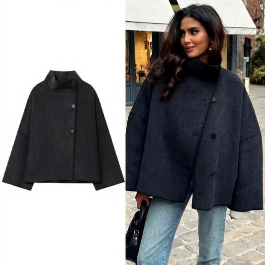 Women Wool Jacket with Wide Shoulder Autumn Vintage High Neck Long Sleeve Button Lady Coats Causal Female Chic Tops