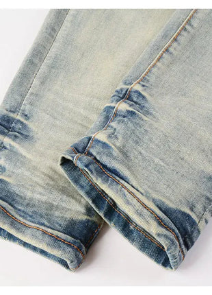 Designer High Street Fashion New Light Blue Men's Jeans Stretch Slimming White Leather Patch Hip Hop Brand Pants HombreY2K PlatiNum