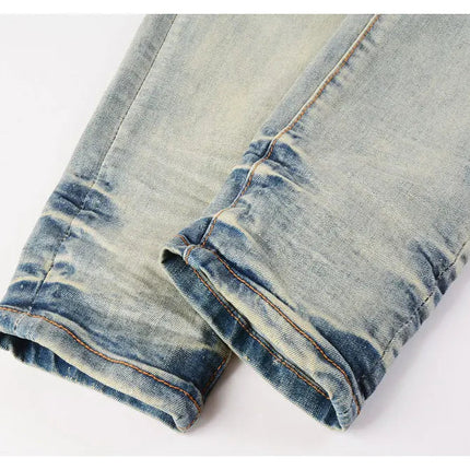 Designer High Street Fashion New Light Blue Men's Jeans Stretch Slimming White Leather Patch Hip Hop Brand Pants HombreY2K PlatiNum