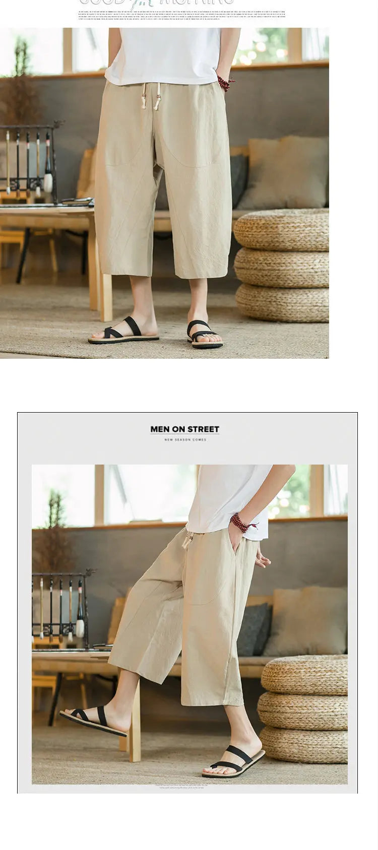 Pantaloni di lino da uomo in stile cinese Pantaloni a gamba larga da uomo con cavallo basso Pantaloni da uomo HipHop Pantaloni al polpaccio Pantaloni da pista Streetwear