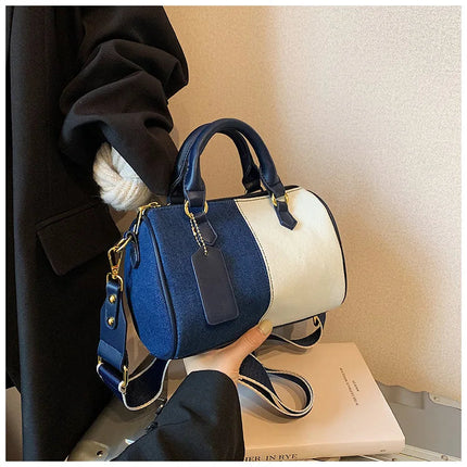 Patchwork Colorblock Mini Handbags For Women Denim Shoulder Cross Body Bags Casual Street Small Boston Bag 2025 Designer Purses PlatiNum