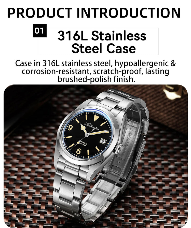 ADDIESDIVE AD2556 Men Luxury Automatic Watch ST2130 Movement 36mm Explorer Style Sapphire Bubble Crystal BGW9 Luminous 100M Wate