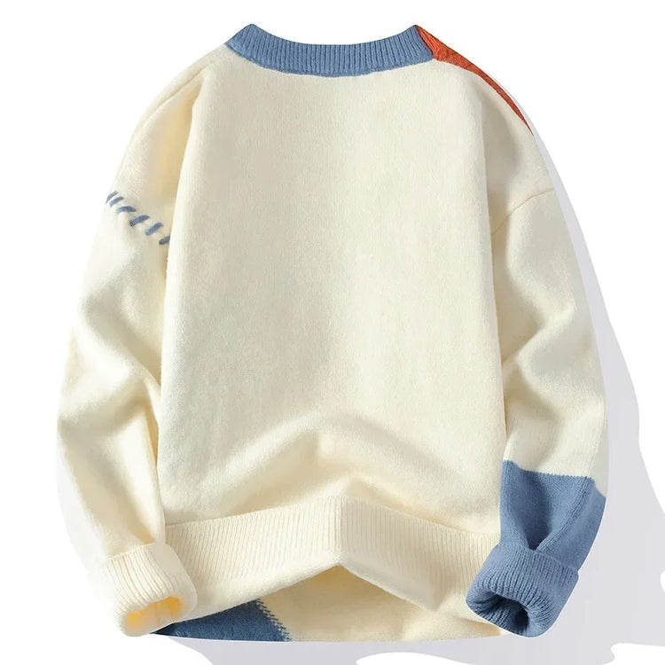Men Knitted Jumpers Patchwork Sweater O Neck Pullovers Spliced Long Sleeve Jumper Slight Strech Standard Wool 2024 Casual