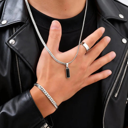 Elegante Set di Gioielli da Uomo con 3 Pezzi, Catena Cubana Piatta, Ciondolo Geometrico in Acciaio Inox con Pietra, Gioielli Hip Hop, Regalo per Lui platinumshop