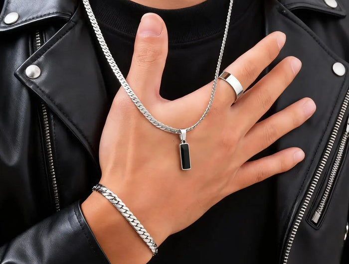 Elegante Set di Gioielli da Uomo con 3 Pezzi, Catena Cubana Piatta, Ciondolo Geometrico in Acciaio Inox con Pietra, Gioielli Hip Hop, Regalo per Lui platinumshop