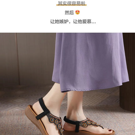 New 2026 Women's Summer Bohemian Style Sandals, Flip-Flop Design with Beaded and Rhinestone Buckle, Elastic Heel Strap, Comfortable Everyday Shoes
