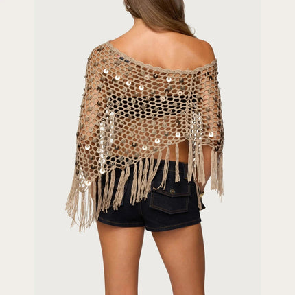 Copricostume asimmetrico all'uncinetto con paillettes per donna Poncho lavorato a maglia con nappe scavate e spalle scoperte Top copricostume alla moda platinumshop