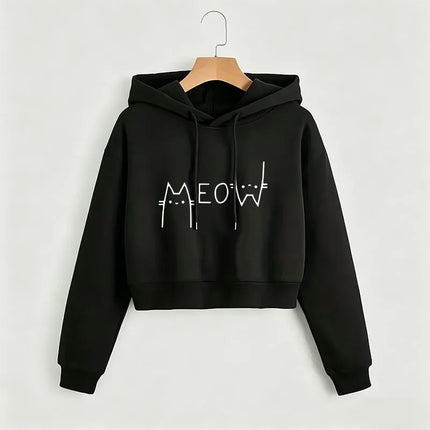 Funny Meow Cat Cropped Sweatshirt Crop Top Hoodie Y2k Sweatshirts Gothic Casual Style Clothes kawaii girls hoodies