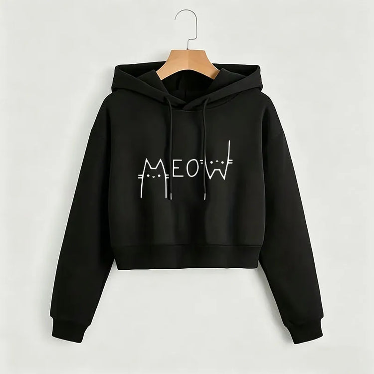 Funny Meow Cat Cropped Sweatshirt Crop Top Hoodie Y2k Sweatshirts Gothic Casual Style Clothes kawaii girls hoodies