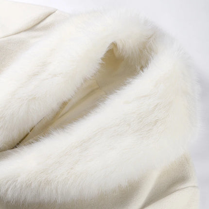 White Fur Patchwork Lace-up Overcoats Women's Street V-neck Full Sleeve Long Woolen Coat 2025 Winter New Ladies Thick Outwear