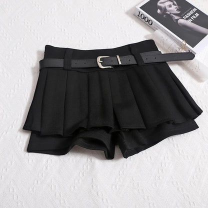 Womens Shorts Autumn Winter Belt High Waist Fluffy Pleated A-line Short Pants Korean Fashion Sexy Y2k All Match Clothes