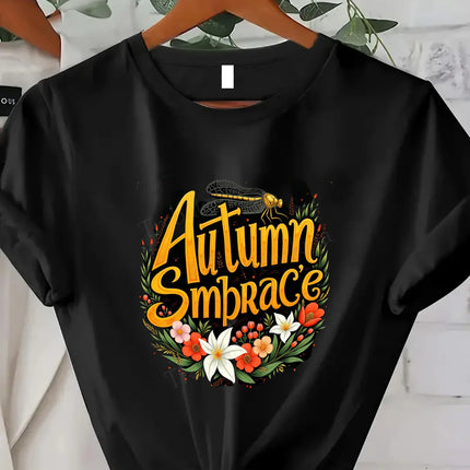 Comoda maglietta da donna con stampa T-shirt con fiori morbidi e cuori selvatici - T-shirt da donna con stampa floreale di gatti
