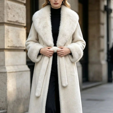 Women's Winter Trench Coat with Large Lapels, Faux Fox Fur Long Coat, Over-the-Knee Jacket