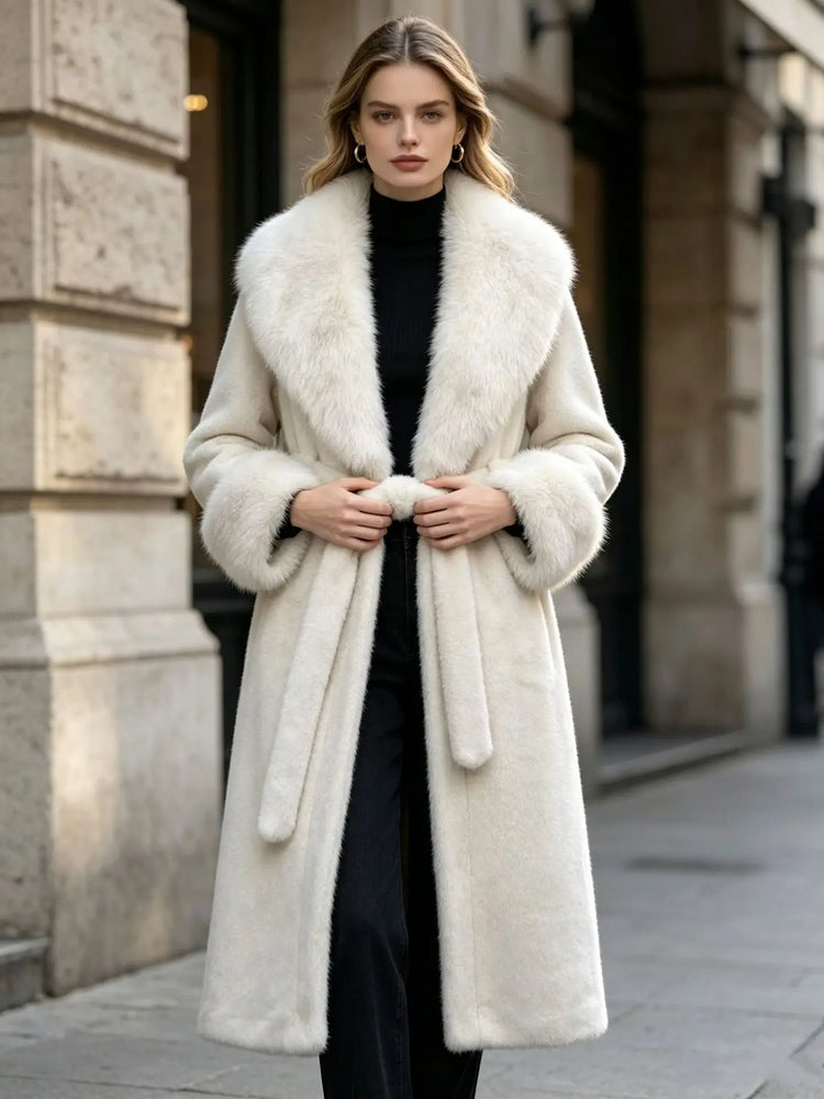 Women's Winter Trench Coat with Large Lapels, Faux Fox Fur Long Coat, Over-the-Knee Jacket