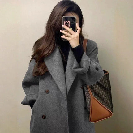 Grey Double-sided Cashmere Coat Women's 2026 Winter New Korean Version Loose Thick Down Woolen Coats Solid Casual Long Overcoat