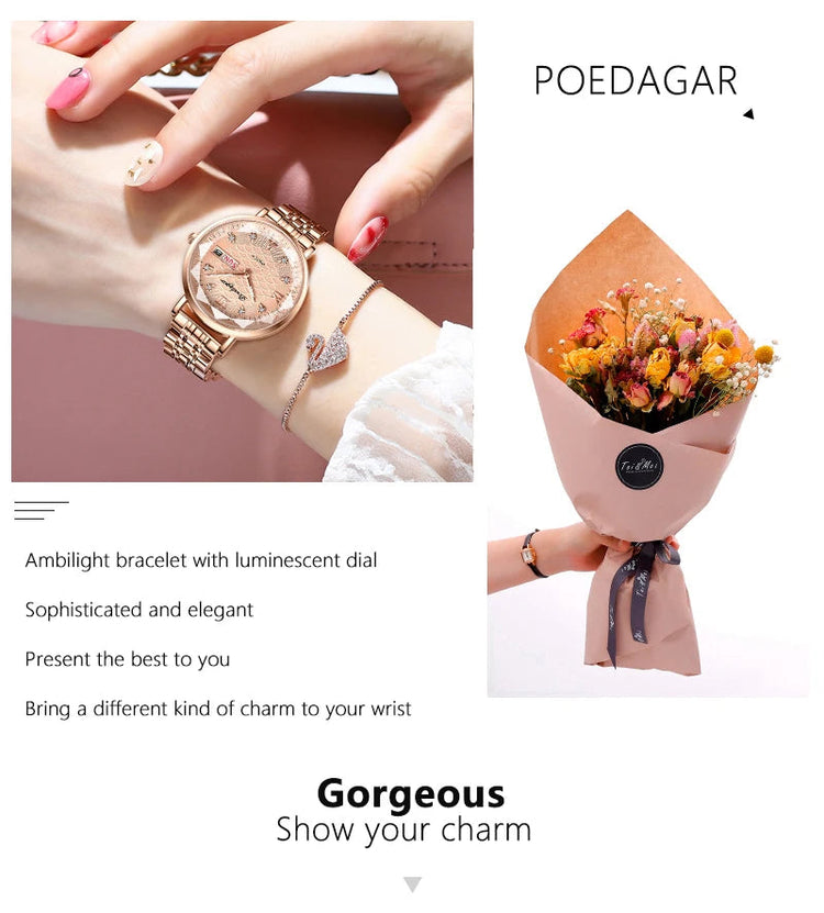 Orologio da donna POEDAGAR di alta qualità, in acciaio inossidabile, raffinato orologio da polso a bracciale, impermeabile, luminoso, elegante, orologio da donna, Reloj platinumshop
