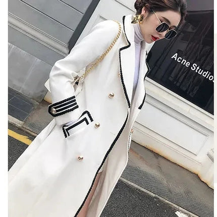 Women White Long Woolen Coat Autumn Winter British Hepburn Style Thicken Slim Double-Breasted Woolen Coat New Women Outwear