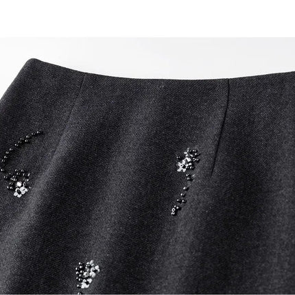 SENTUBILA Women's Straight Skirt 2025 Office Lady Wool Blend Sequin Beading Mid Length Skirt Winter Clothing for Women 154QF6318 PlatiNum