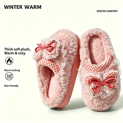 Kawaii Winter Warm Cotton Slippers Women Plaid Bowknot Lace Ruffle Plush Thick Platform Non-Slip Indoor Casual Shoes