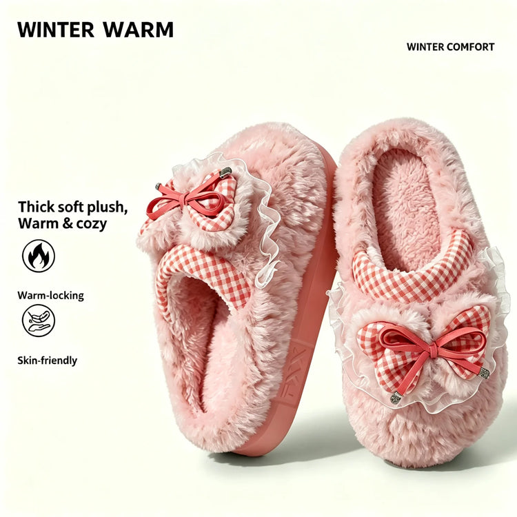 Kawaii Winter Warm Cotton Slippers Women Plaid Bowknot Lace Ruffle Plush Thick Platform Non-Slip Indoor Casual Shoes