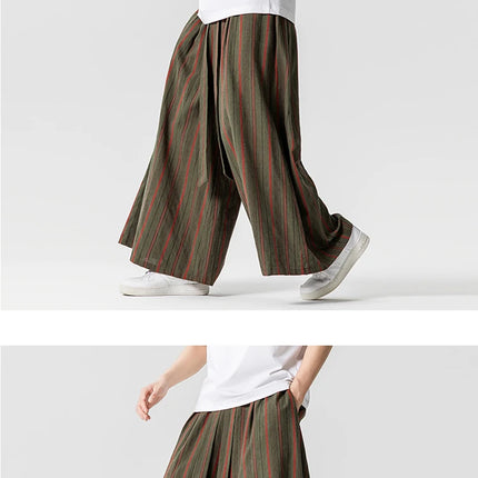 Pantaloni a righe da uomo in cotone e lino, comodi e traspiranti, pantaloni a gamba larga, kimono, samurai giapponese, pantaloni alla moda larghi casual da uomo