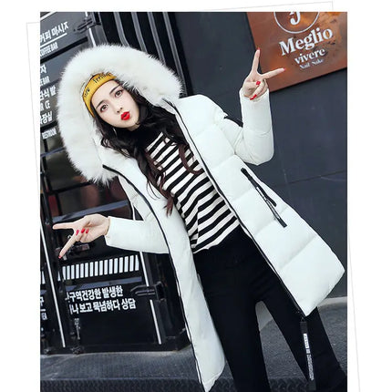 Women Winter Fur Collar Hooded Parka Coats Fashion Letter Patch Zipper Long Jacket Elegant Slim Warm Thick Female Snow Outerwear