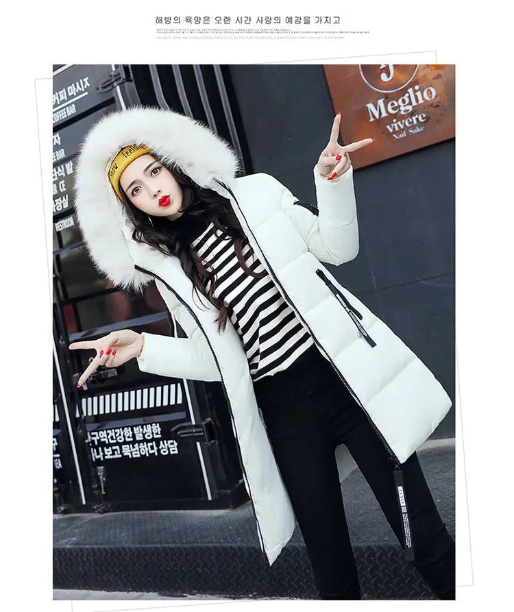 Women Winter Fur Collar Hooded Parka Coats Fashion Letter Patch Zipper Long Jacket Elegant Slim Warm Thick Female Snow Outerwear